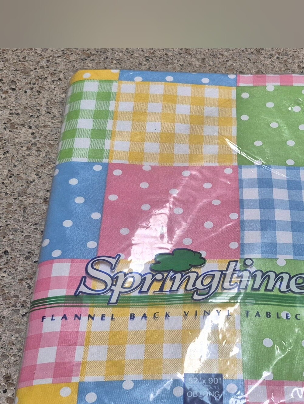 Vtg Springtime Flannel Back Vinyl Tablecloth Patchwork Gingham Polka Dot 52x90